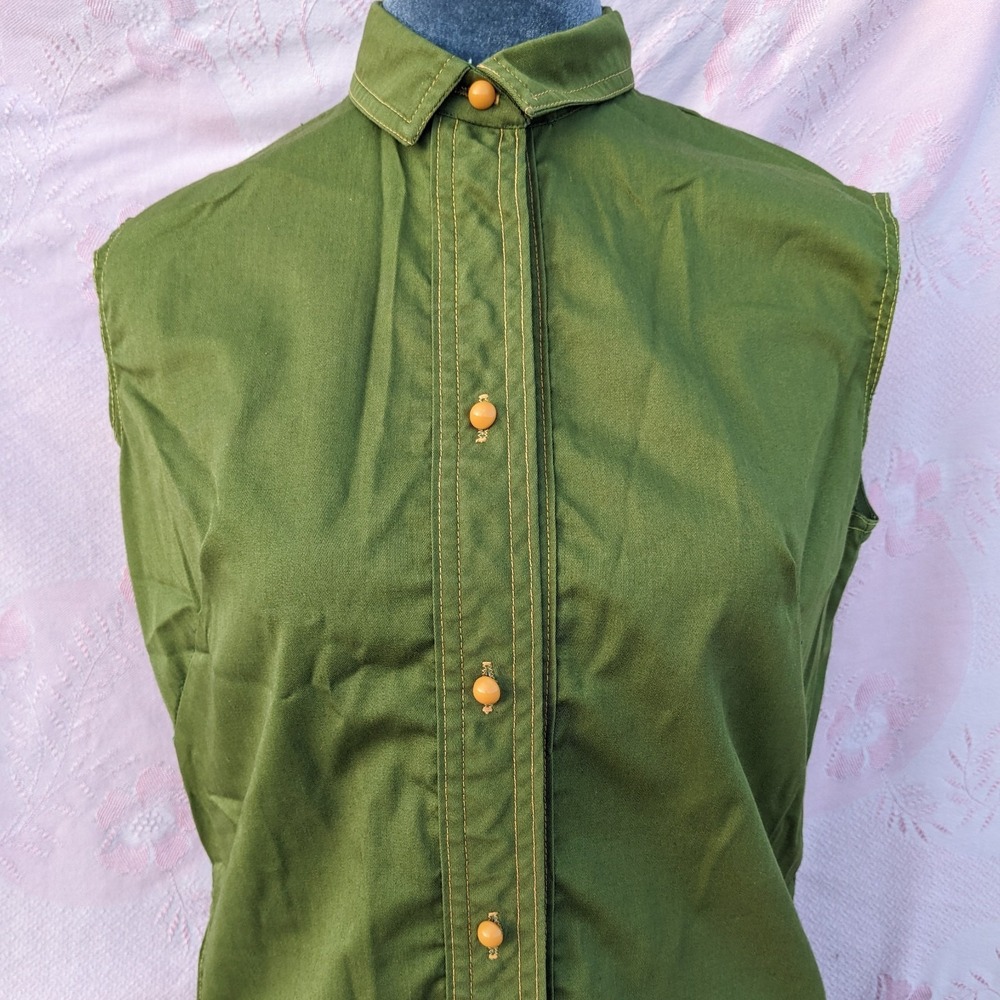 Vintage 60s 70s Mod Mini Dress M Olive Green Button Front Shift Twiggy Utility - Picture 9 of 14
